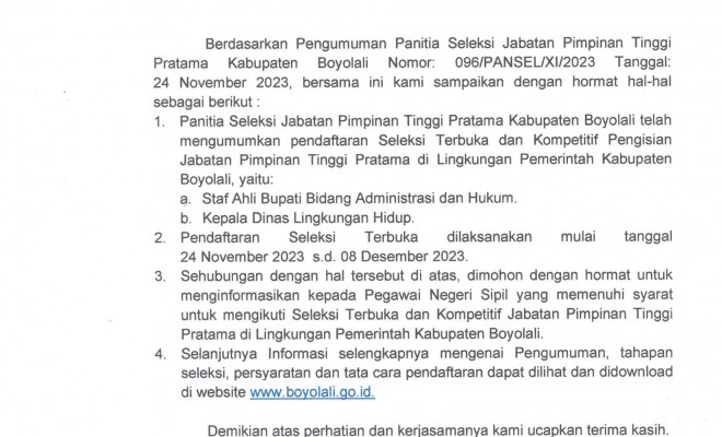 Pengumuman seleksi terbuka JPT Pratama Kabupaten Boyolali Tahun 2023